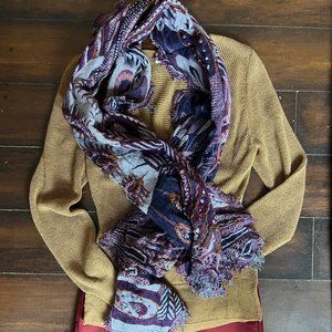 Anthropologie Purple Scarf with Peacock pattern details